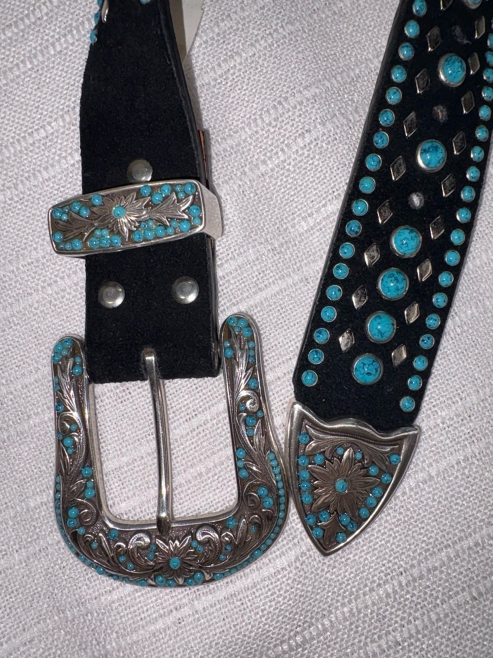 Nocona S NWT Black Suede Leather Western Bling Belt Turquoise Rhinestone